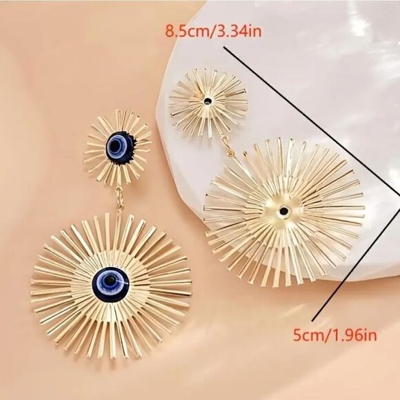 Dazzling Devil Eye Dangle Earrings Stainless Steel Gold Tone - Picture 7 of 12